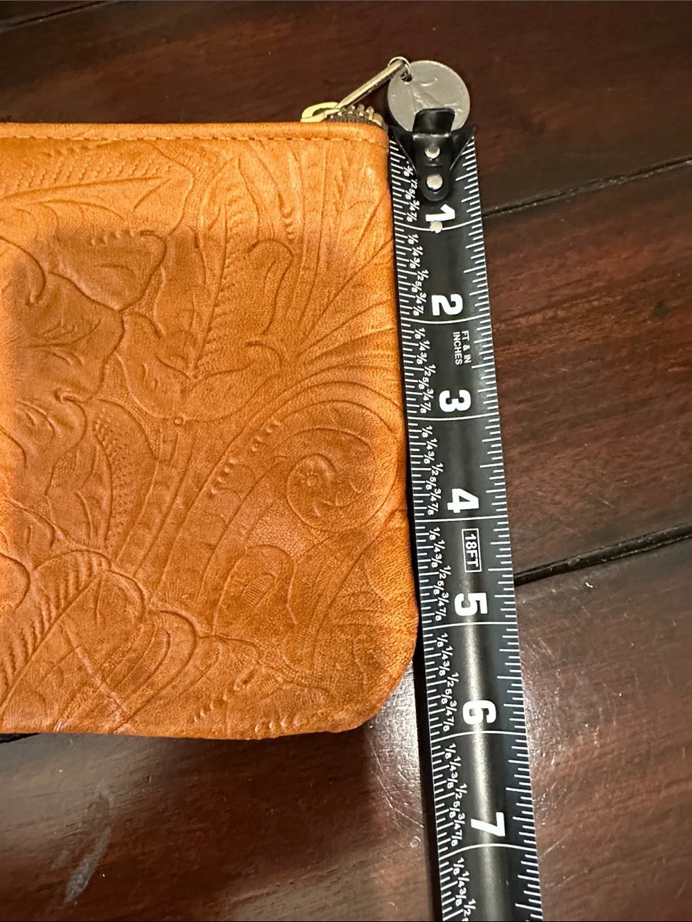 Embossed Camel Colored Leather Zip Pouch